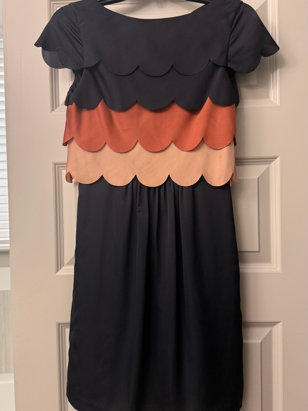 Ali Ro Navy Dress with Rust and Blush Scallop Tiers